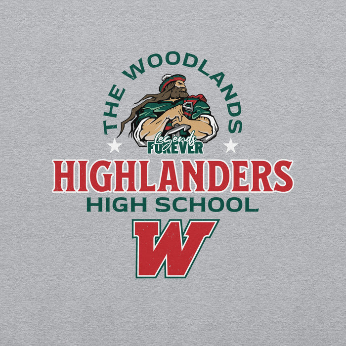 Close-up view of he Woodlands High School Highlanders Grey Classic Unisex Sweatshirt 222
