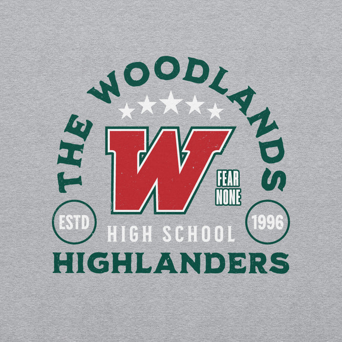 Close-up view of The Woodlands High School Highlanders Grey Classic Unisex Sweatshirt 208