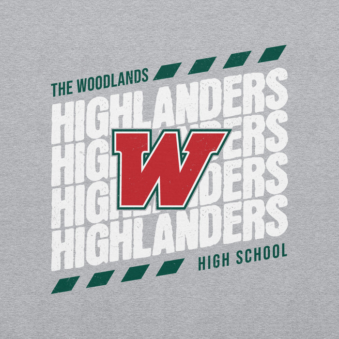 Close-up view of The Woodlands High School Highlanders Grey Classic Unisex Sweatshirt 223