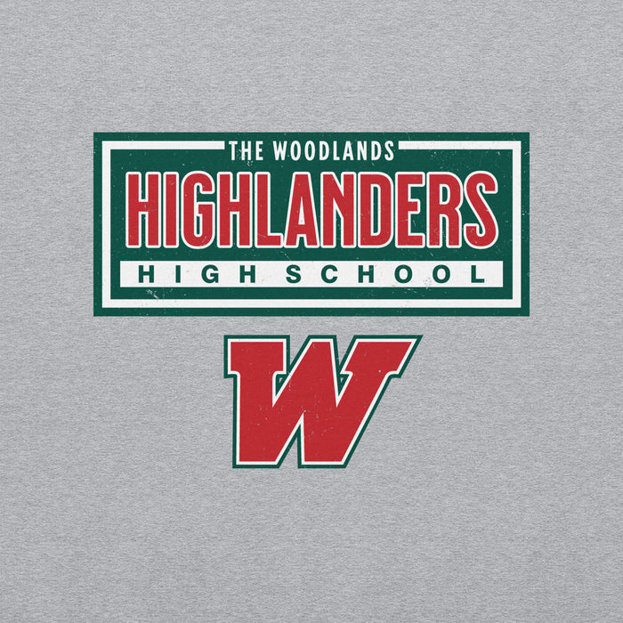 Close-up view of The Woodlands High School Highlanders Grey Classic Unisex Sweatshirt 049
