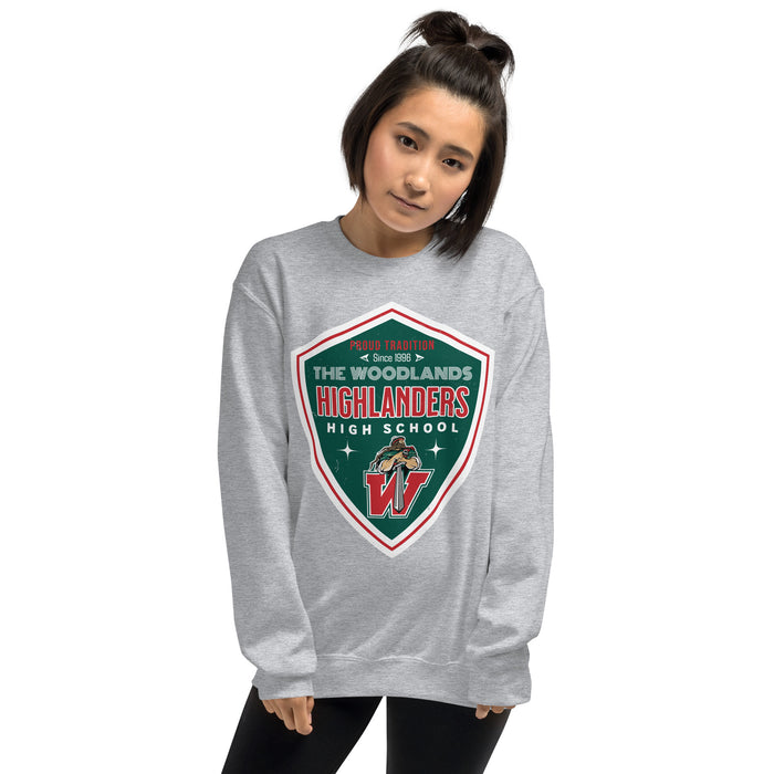 Woman wearing The Woodlands High School Highlanders Grey Classic Unisex Sweatshirt 218