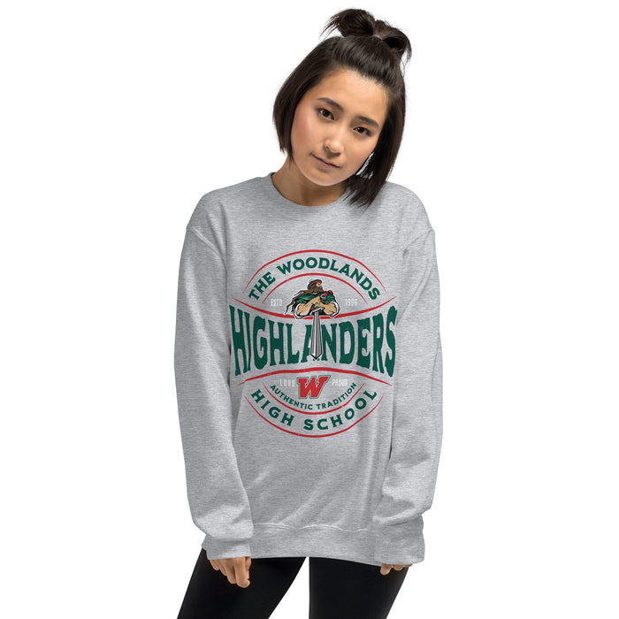 Woman wearing The Woodlands High School Highlanders Grey Classic Unisex Sweatshirt 218