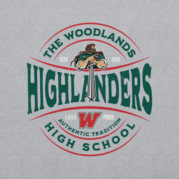 Close-up view of The Woodlands High School Highlanders Grey Classic Unisex Sweatshirt 218