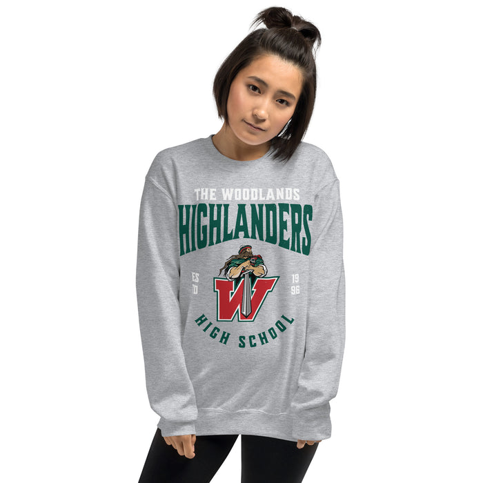 Woman wearing The Woodlands High School Highlanders Grey Classic Unisex Sweatshirt 213