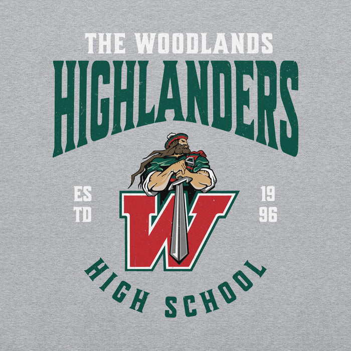 Close-up view of The Woodlands High School Highlanders Grey Classic Unisex Sweatshirt 213