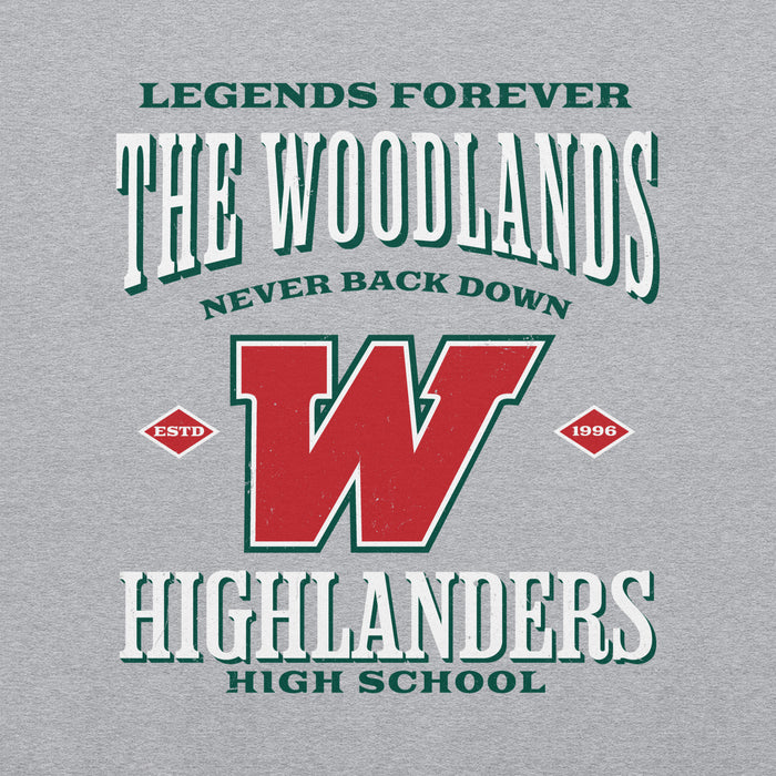 Close-up view of The Woodlands High School Highlanders Grey Classic Unisex Sweatshirt 230