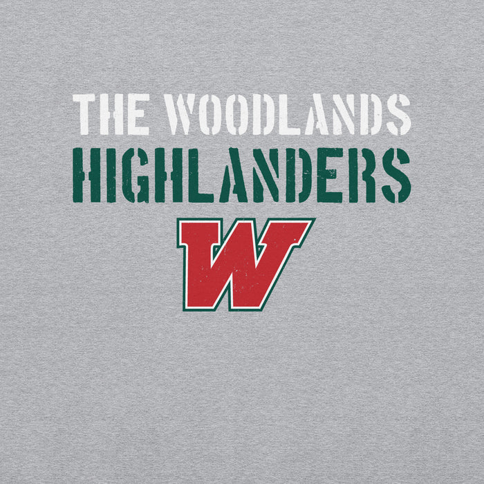 Close-up view of The Woodlands High School Highlanders Grey Classic Unisex Sweatshirt 017