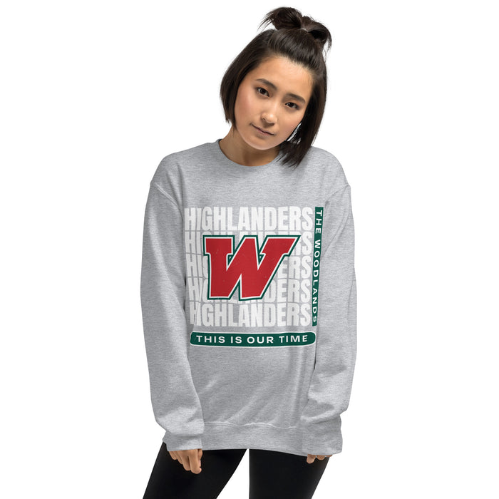 Woman wearing The Woodlands High School Highlanders Grey Classic Unisex Sweatshirt 235