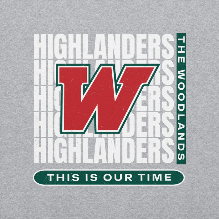 Close-up view of The Woodlands High School Highlanders Grey Classic Unisex Sweatshirt 235