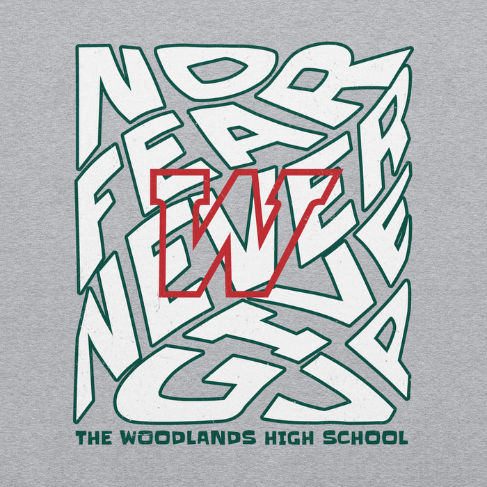 Close-up view of The Woodlands High School Highlanders Grey Classic Unisex Sweatshirt 236