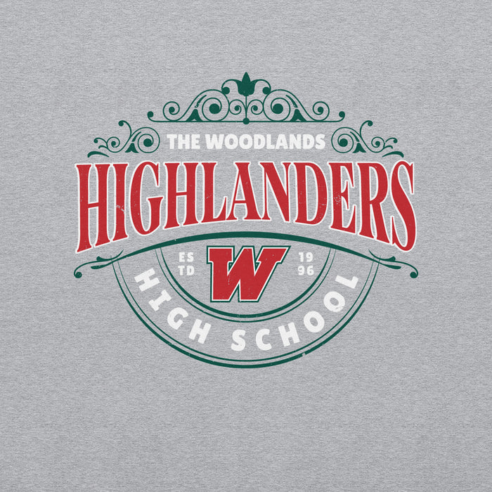 Close-up view of The Woodlands High School Highlanders Grey Classic Unisex Sweatshirt 211