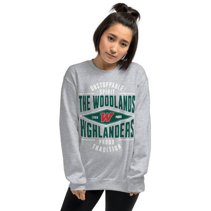Woman wearing The Woodlands High School Highlanders Grey Classic Unisex Sweatshirt 210
