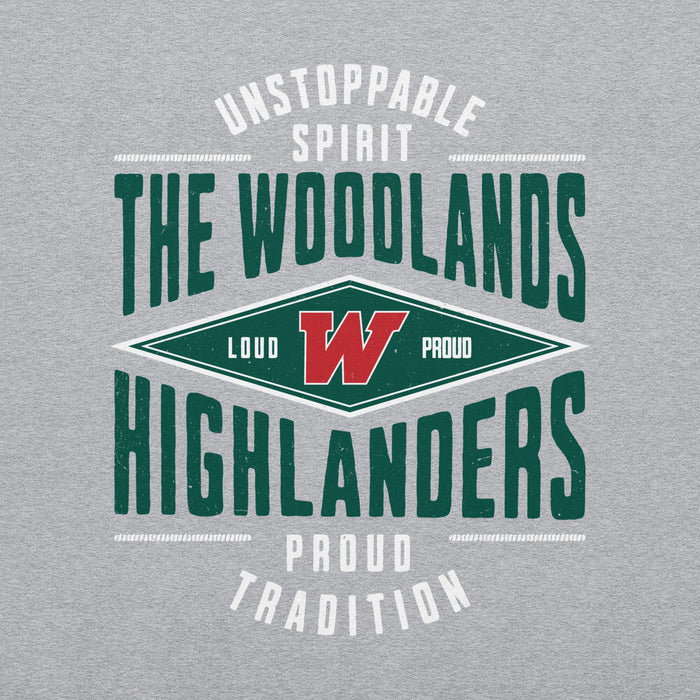 Close-up view of The Woodlands High School Highlanders Grey Classic Unisex Sweatshirt 210
