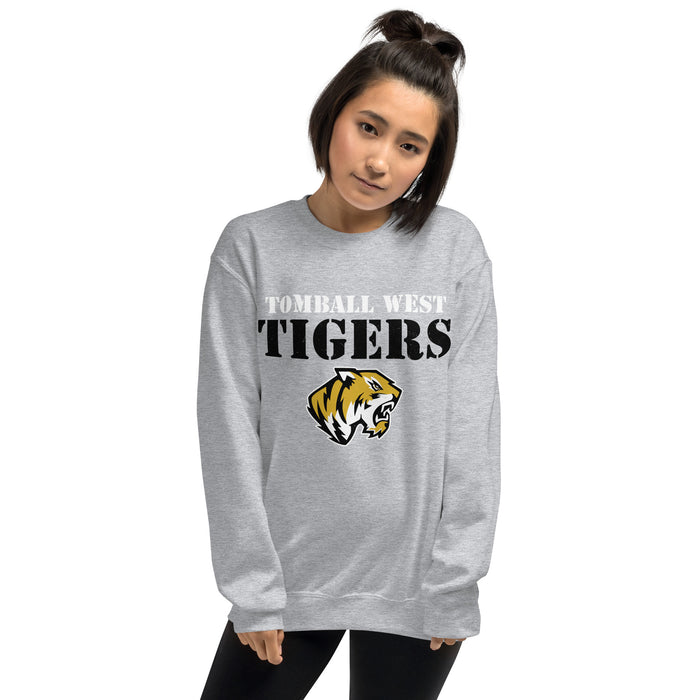 Woman wearing Tomball West High School Tigers Grey Classic Unisex Sweatshirt 017