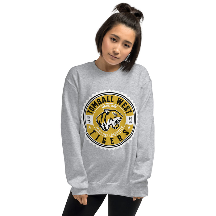 Woman wearing Tomball West High School Tigers Grey Classic Unisex Sweatshirt 203