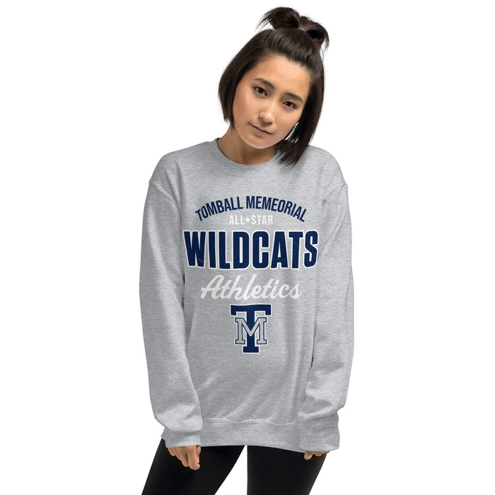 Woman wearing Tomball Memorial High School Wildcats Grey Classic Unisex Sweatshirt 034