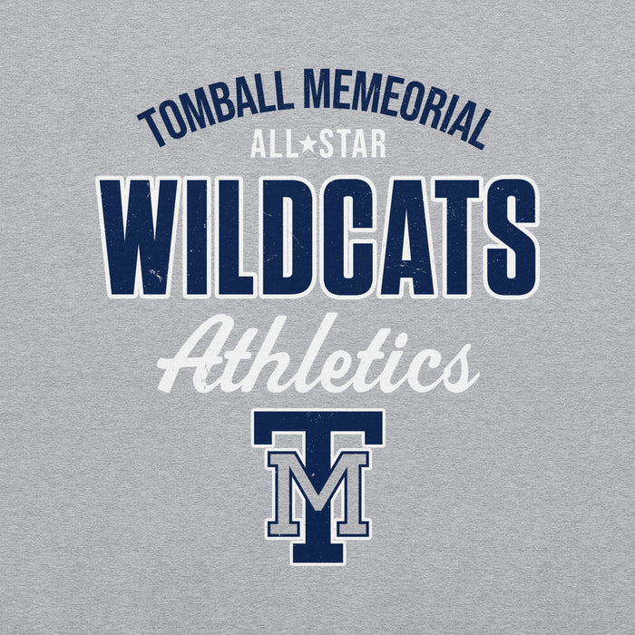A close-up of a heather gray fabric surface with a printed collegiate-style graphic reading 'TOMBALL MEMORIAL ALL STAR WILDCATS Athletics' and a large 'M' monogram. Tomball Memorial High School Wildcats Grey Classic Unisex Sweatshirt 034