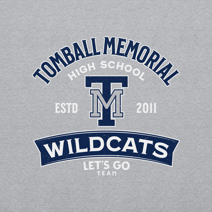A heather gray graphic print featuring the text 'TOMBALL MEMORIAL HIGH SCHOOL', a large 'TM' monogram, 'ESTD 2011', 'WILDCATS', and 'LET'S GO TEAM' in navy blue and white. Tomball Memorial High School Wildcats Grey Classic Unisex Sweatshirt 221