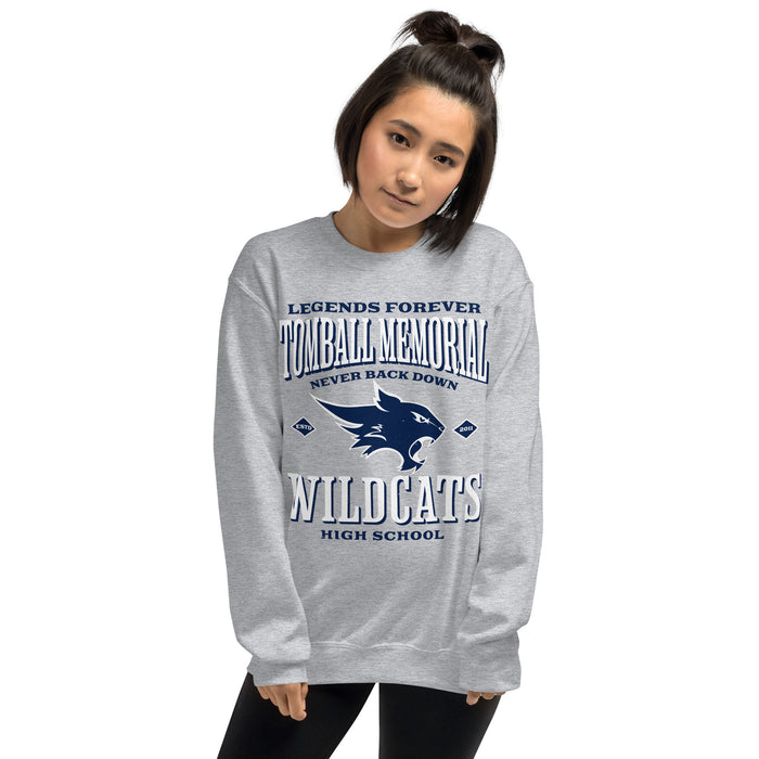 Woman wearing Tomball Memorial High School Wildcats Grey Classic Unisex Sweatshirt 230