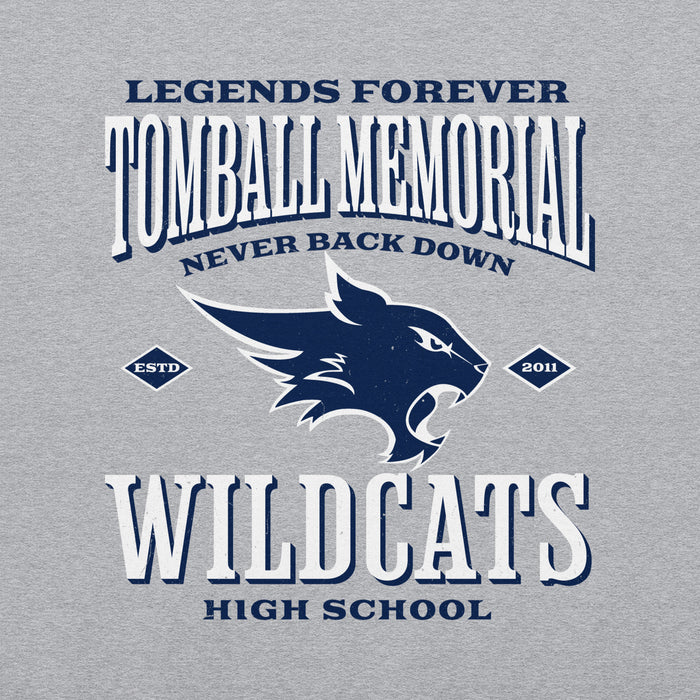 A heather gray t-shirt featuring a navy blue and white graphic print for 'Tomball Memorial Wildcats High School'. The design includes the text 'Legends Forever', 'Never Back Down', 'Wildcats High School', and a stylized wildcat mascot logo in the center. Tomball Memorial High School Wildcats Grey Classic Unisex Sweatshirt 230