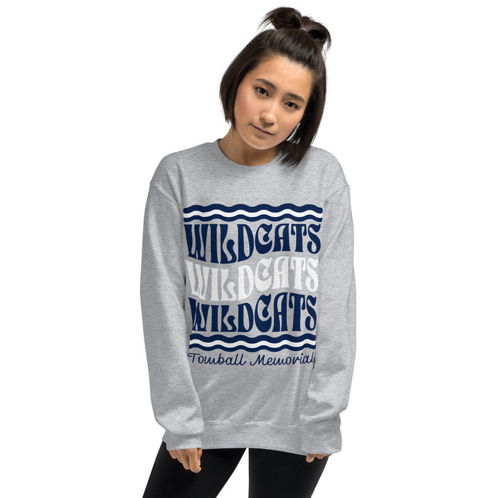 Woman wearing Tomball Memorial High School Wildcats Grey Classic Unisex Sweatshirt 227