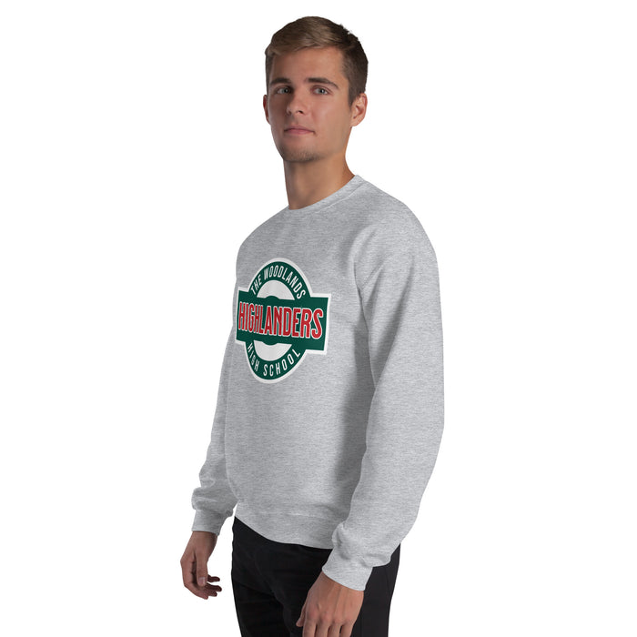 Man wearing The Woodlands High School Highlanders Grey Classic Unisex Sweatshirt 011