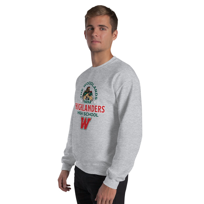 Man wearing he Woodlands High School Highlanders Grey Classic Unisex Sweatshirt 222
