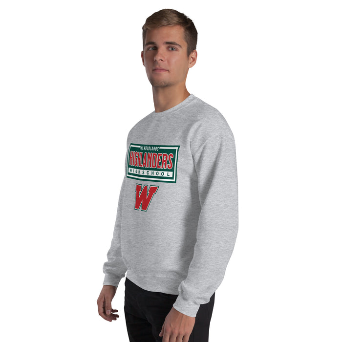Man wearing The Woodlands High School Highlanders Grey Classic Unisex Sweatshirt 049