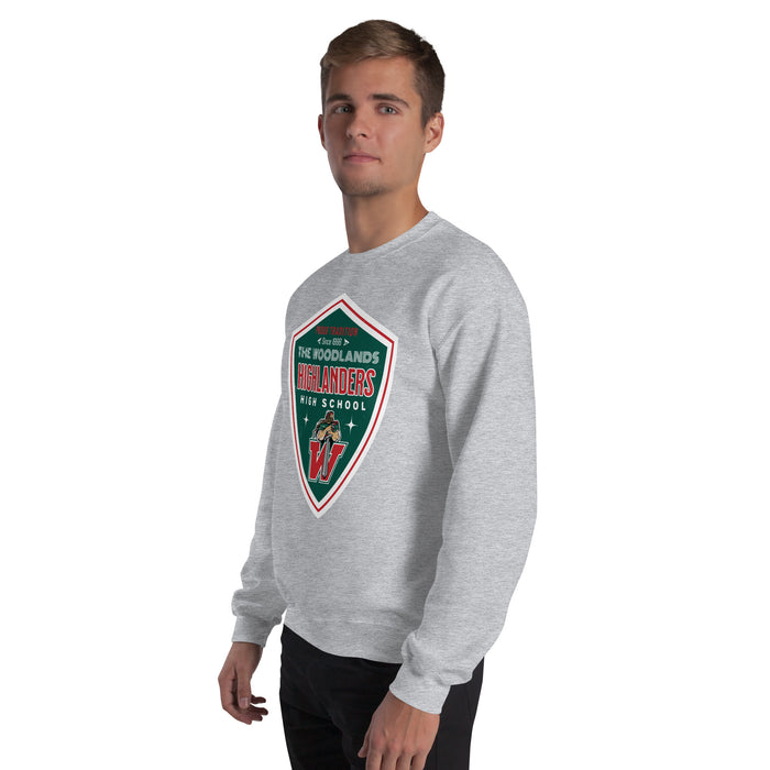 Man wearing The Woodlands High School Highlanders Grey Classic Unisex Sweatshirt 218