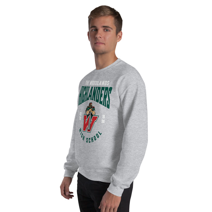 Man wearing The Woodlands High School Highlanders Grey Classic Unisex Sweatshirt 213