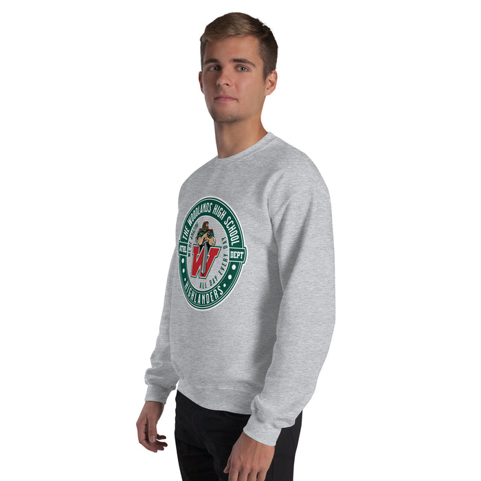 Man wearing The Woodlands High School Highlanders Grey Classic Unisex Sweatshirt 224
