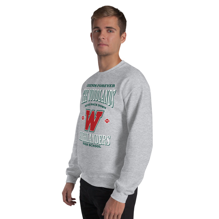 Man wearing The Woodlands High School Highlanders Grey Classic Unisex Sweatshirt 230