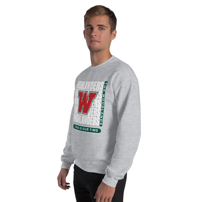Man wearing The Woodlands High School Highlanders Grey Classic Unisex Sweatshirt 235