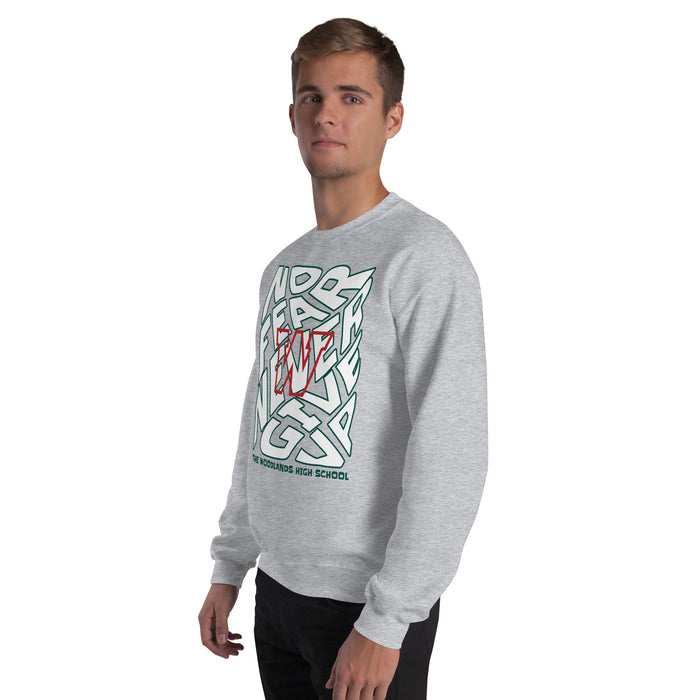 Man wearing The Woodlands High School Highlanders Grey Classic Unisex Sweatshirt 236