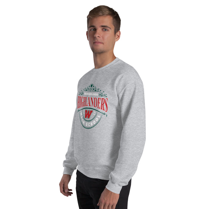 Man wearing The Woodlands High School Highlanders Grey Classic Unisex Sweatshirt 211