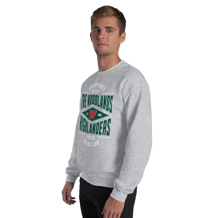 Man wearing The Woodlands High School Highlanders Grey Classic Unisex Sweatshirt 210