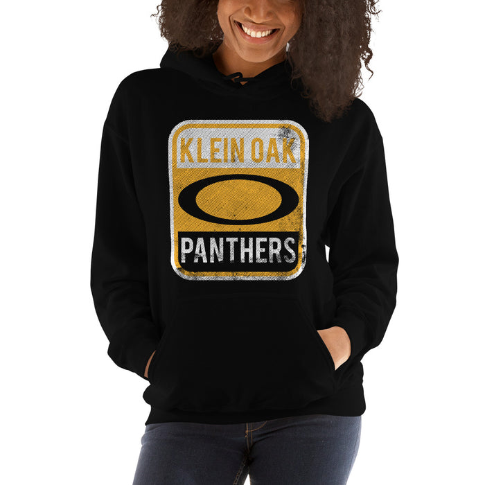 Woman wearing a Klein Oak High School Panthers Black Classic Unisex Hoodie 01