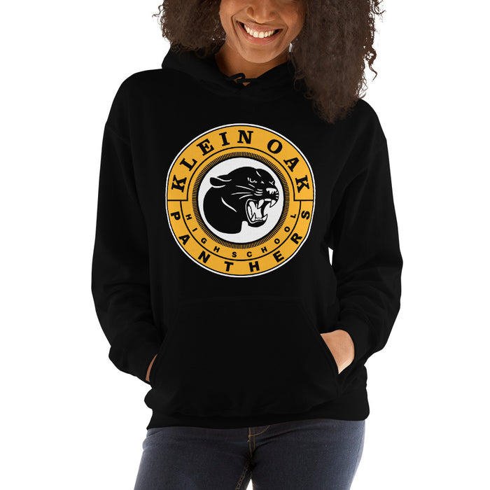 Woman wearing a Klein Oak High School Panthers Black Classic Unisex Hoodie 02