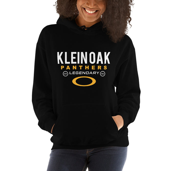 Woman wearing a Klein Oak High School Panthers Black Classic Unisex Hoodie 03