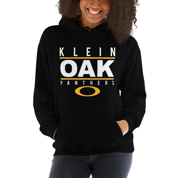 Woman wearing a Klein Oak High School Panthers Black Classic Unisex Hoodie 07