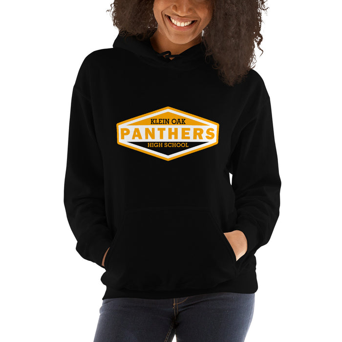 Woman wearing a Klein Oak High School Panthers Black Classic Unisex Hoodie 09