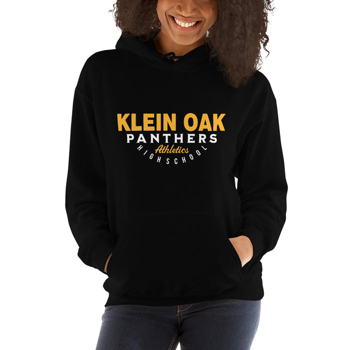 Woman wearing a Klein Oak High School Panthers Black Classic Unisex Hoodie 12