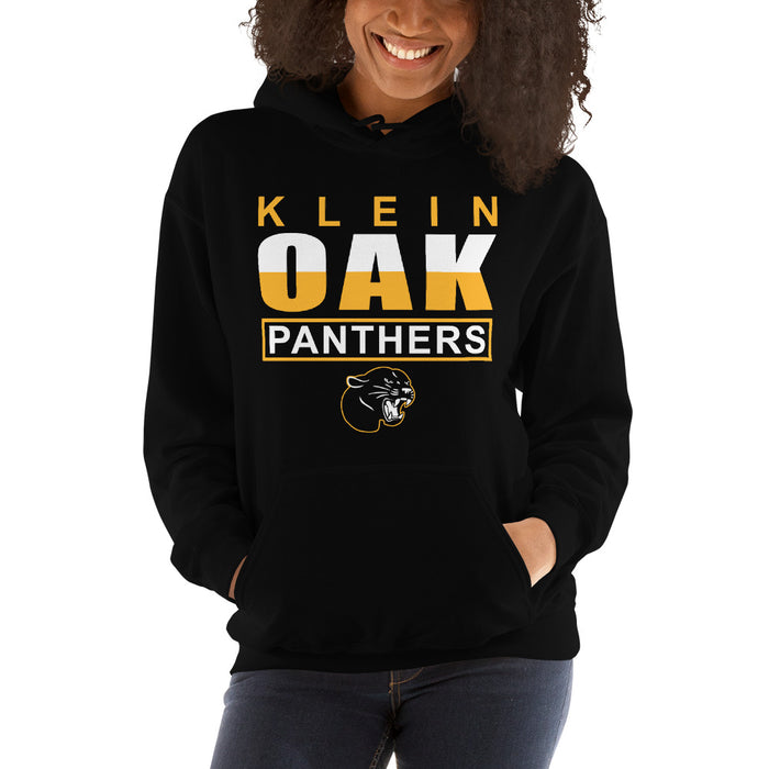 Woman wearing a Klein Oak High School Panthers Black Classic Unisex Hoodie 29