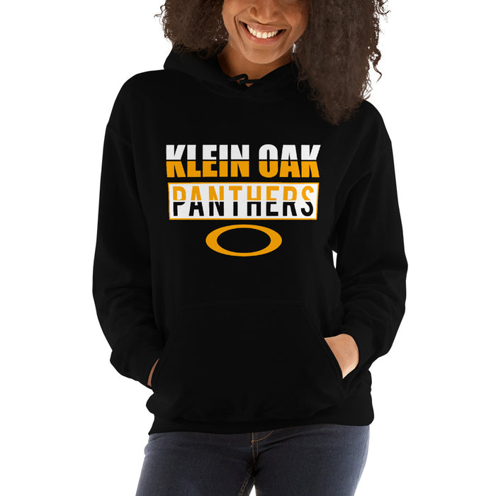 Woman wearing a Klein Oak High School Panthers Black Classic Unisex Hoodie 31