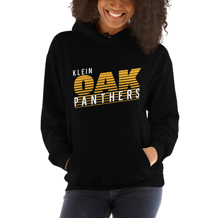 Woman wearing a Klein Oak High School Panthers Black Classic Unisex Hoodie 32