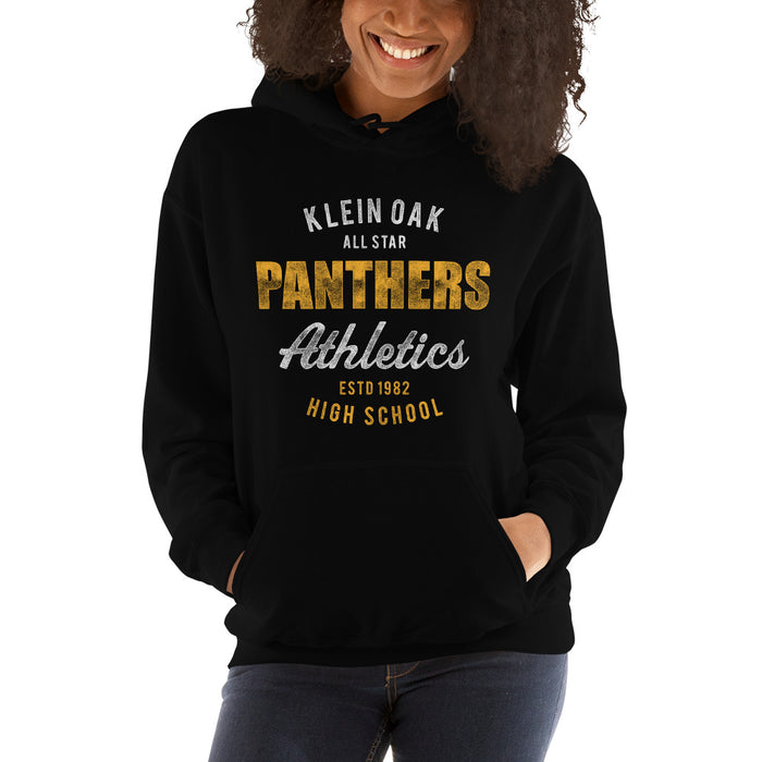 Woman wearing a Klein Oak High School Panthers Black Classic Unisex Hoodie 34