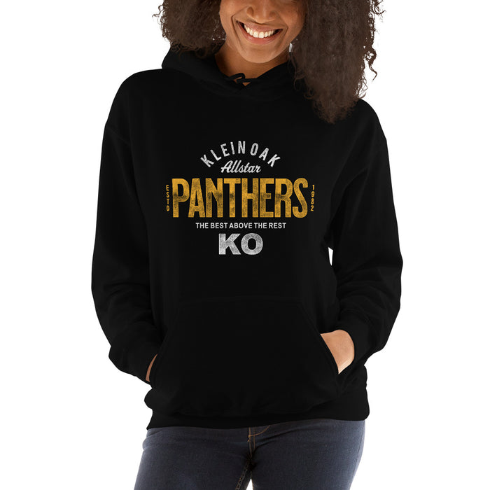 Woman wearing a Klein Oak High School Panthers Black Classic Unisex Hoodie 40