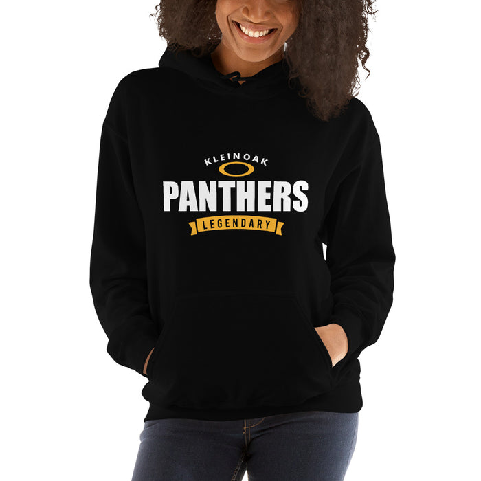 Woman wearing a Klein Oak High School Panthers Black Classic Unisex Hoodie 44