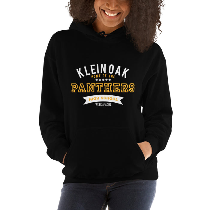 Woman wearing a Klein Oak High School Panthers Black Classic Unisex Hoodie 96