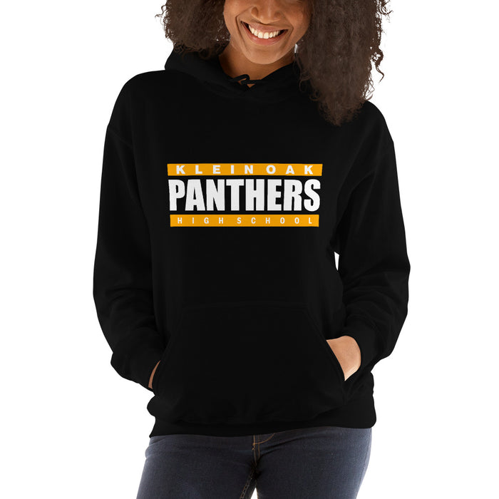 Woman wearing a Klein Oak High School Panthers Black Classic Unisex Hoodie 98